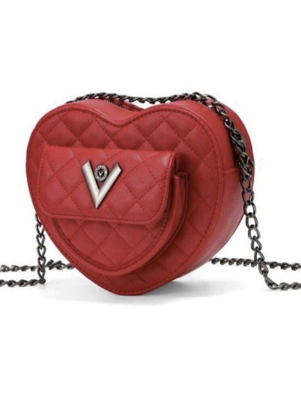 V-Emblem Quilted Heart Crossbody Bag in Red